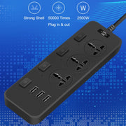 T14 2m 2500W 3 Plugs + 3-USB Ports Multifunctional Socket With Switch, Specification: EU Plug (Black)