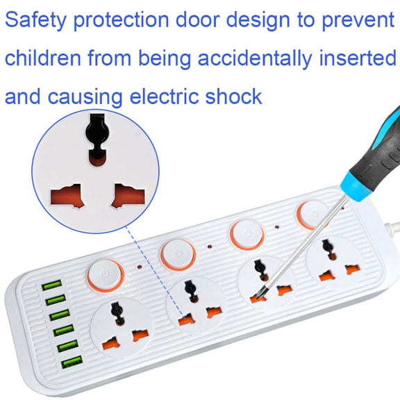 A05 2m 3000W 4 Plugs + 6-USB Ports Multifunctional Flame-Retardant Socket With Switch(UK Plug)