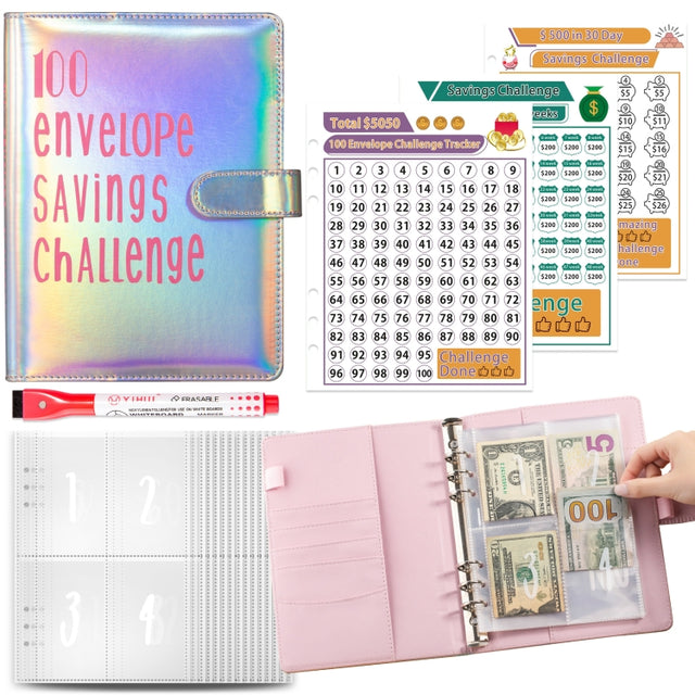 100 Day Savings Challenge A5 Loose Leaf Cash Budget Notebook(Colorful Silver)