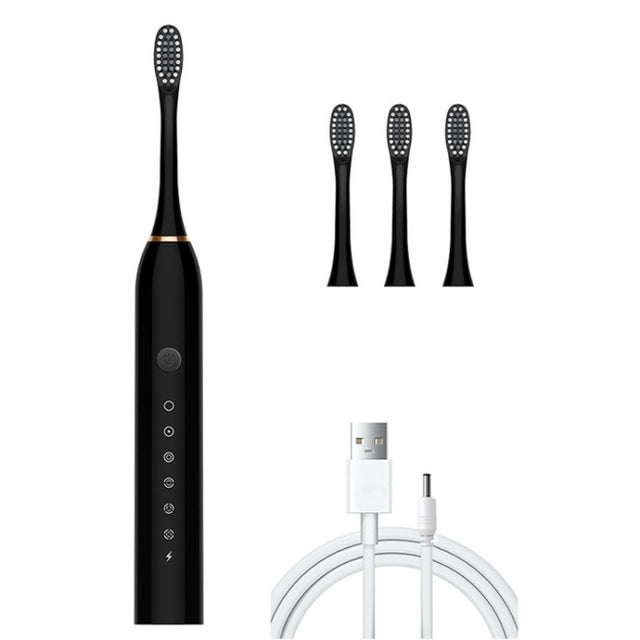 Rechargeable Ultrasonic Soft Bristle Electrical Toothbrushes Flosser 6 Gear With 4 Brushes(Black)