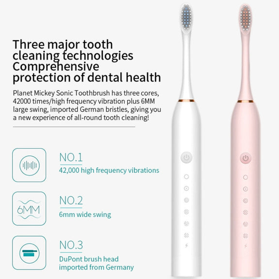 Rechargeable Ultrasonic Soft Bristle Electrical Toothbrushes Flosser 6 Gear With 4 Brushes(White)