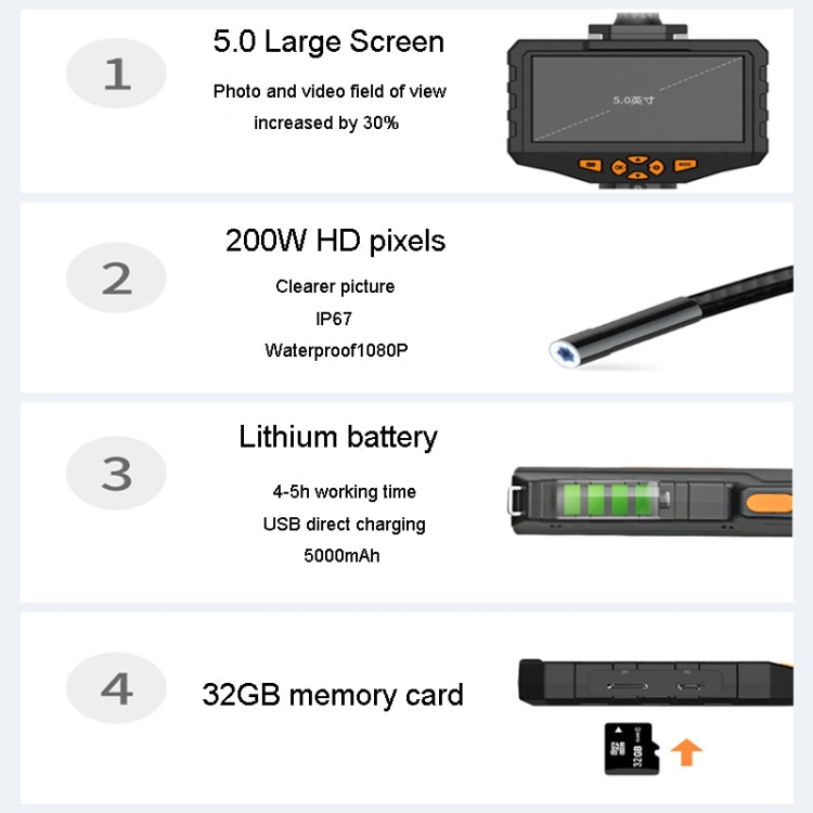 Teslong NTS300 5.5mm-3M  Dual Lens Water-resistant 5 Inch HD Industrial Borescope Auto Repair Tools