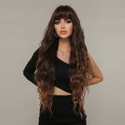 Women Long Hair Wig with Bangs Gradient Fluffy Water Ripple Curly Hair Wig, Color: Gradient Brown LC2029-1