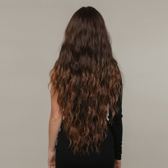 Women Long Hair Wig with Bangs Gradient Fluffy Water Ripple Curly Hair Wig, Color: Gradient Brown LC2029-1