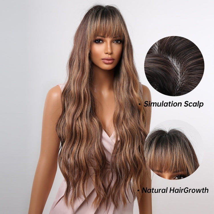 Women Long Hair Wig with Bangs Gradient Fluffy Water Ripple Curly Hair Wig, Color: Mixed Brown LC2039-1 - free shipping - PMC TechLife - Order now!