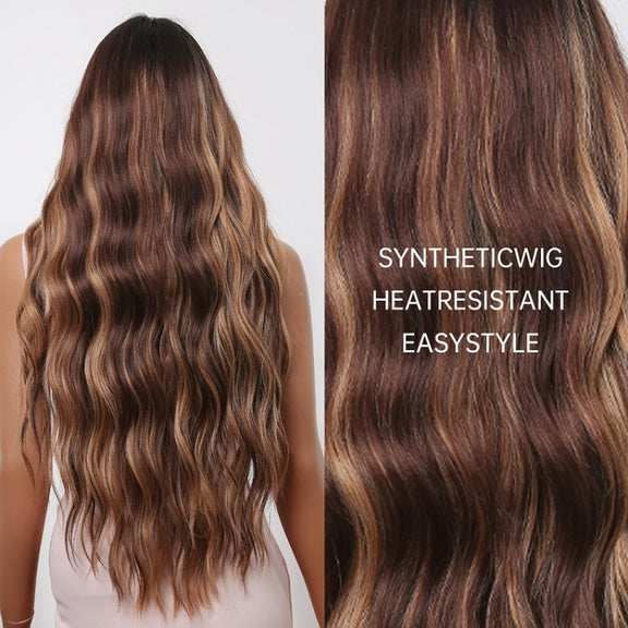 Women Long Hair Wig with Bangs Gradient Fluffy Water Ripple Curly Hair Wig, Color: Mixed Brown LC2039-1