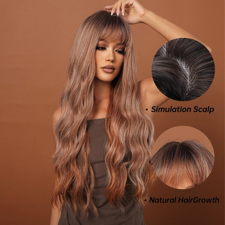Women Long Hair Wig with Bangs Gradient Fluffy Water Ripple Curly Hair Wig, Color: Brown Pick Dye LC2059-1 - free shipping - PMC TechLife - Order now!