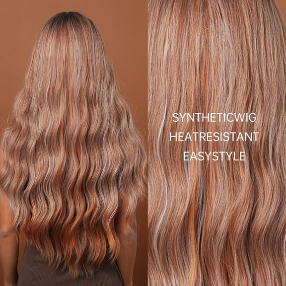 Women Long Hair Wig with Bangs Gradient Fluffy Water Ripple Curly Hair Wig, Color: Brown Pick Dye LC2059-1