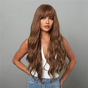 Women Long Hair Wig with Bangs Gradient Fluffy Water Ripple Curly Hair Wig, Color: Coffee Brown LC1027-1