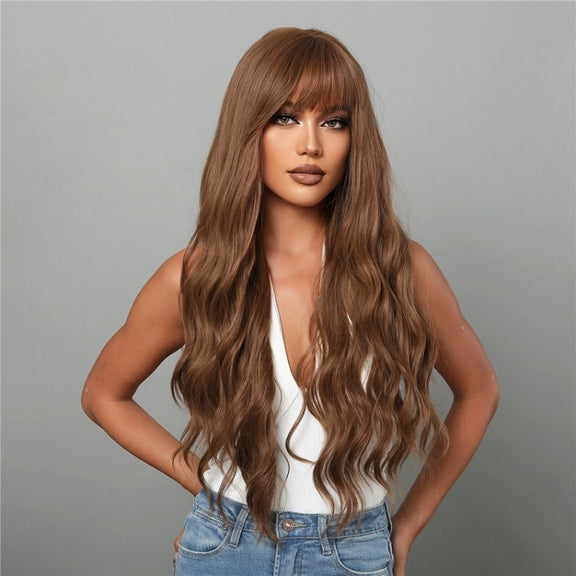 Women Long Hair Wig with Bangs Gradient Fluffy Water Ripple Curly Hair Wig, Color: Coffee Brown LC1027-1