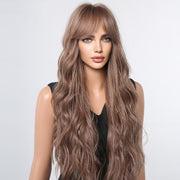 Women Long Hair Wig with Bangs Gradient Fluffy Water Ripple Curly Hair Wig, Color: Dark Brown LC1061-1