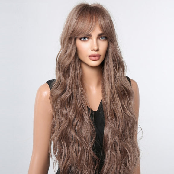 Women Long Hair Wig with Bangs Gradient Fluffy Water Ripple Curly Hair Wig, Color: Dark Brown LC1061-1