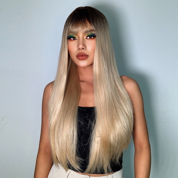 Gradient Long Straight Hair Chemical Fiber High Temperature Silk Wig with Bangs, Color: LC288-1