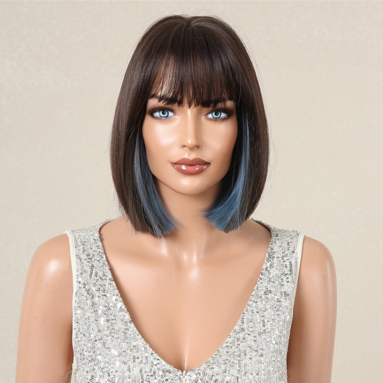 Women Full Bangs Bob Light Breathable Full Head Wig(Black Highlights Blue LC6229-2) - free shipping - PMC TechLife - Order now!