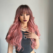 Gradient Pink Long Curly Chemical Fiber Wig Headgear(LC6018)