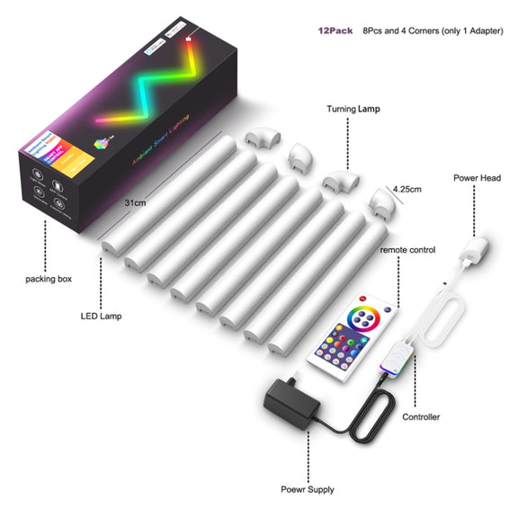 8pcs+4 Corners WiFi  12V RGBIC Splicing Wall Light Intelligent Remote Control Indoor Decorative Ambient Lights(US Plug)