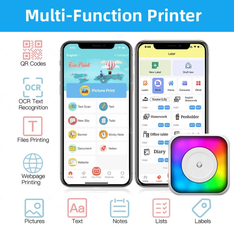 RGB Light Portable Mini Bluetooth Printer Inkless Document Label Printer with 1-Roll Paper