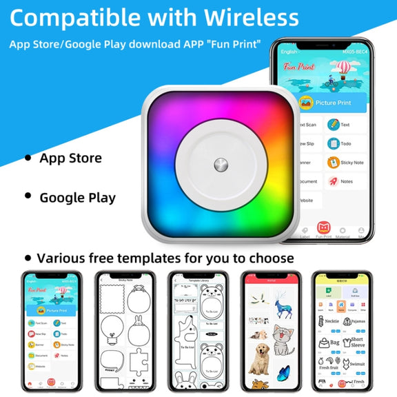 RGB Light Portable Mini Bluetooth Printer Inkless Document Label Printer with 1-Roll Paper