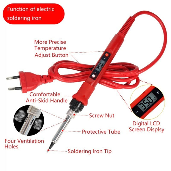 10pcs/ Set  80W Internal Heating Welding Digital Display Soldering Iron Temperature Adjustment Set, Model: Red EU Plug
