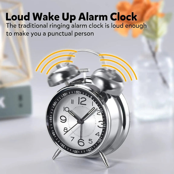 4.5 Inch Electroplated Metal Ring Bell Alarm Clock Quartz Clock With Night Light ?, Style: Black