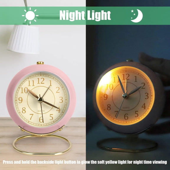 Round Metal Clock Silent Children Electronic Alarm Clock with Light(Pink)