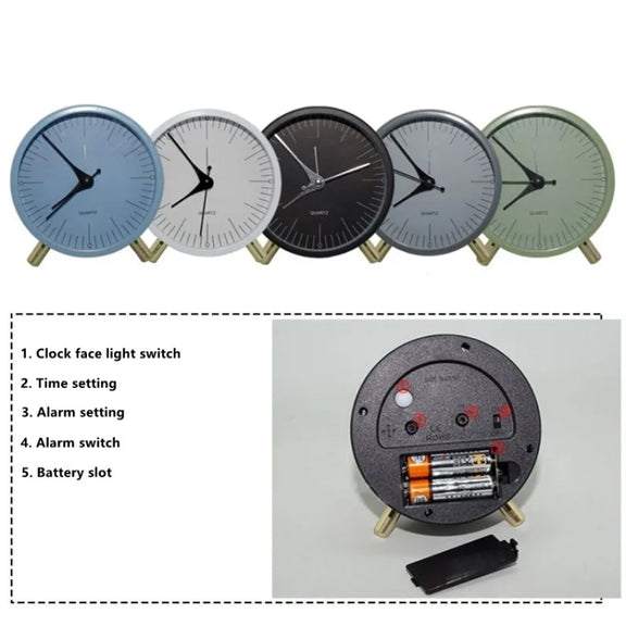 Metal Quartz Alarm Clock Simple Silent Desktop Round Pointer Living Room Clock(White)