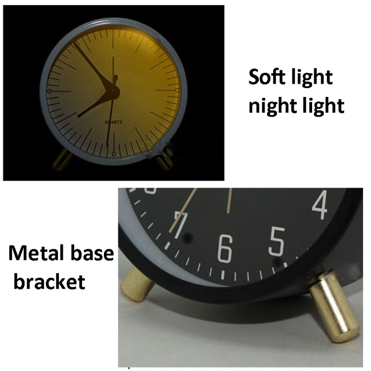 Metal Quartz Alarm Clock Simple Silent Desktop Round Pointer Living Room Clock(White)