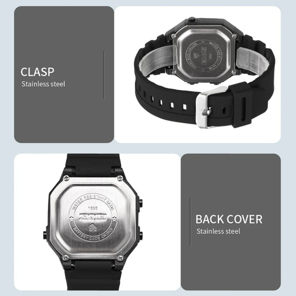 SKMEI 1698 50m Water-resistant Multifunctional Sports Square Pin Buckle Luminous Digital Watch(Black Black)