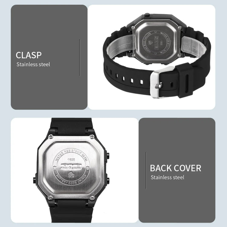 SKMEI 1698 50m Water-resistant Multifunctional Sports Square Pin Buckle Luminous Digital Watch(Black Black)
