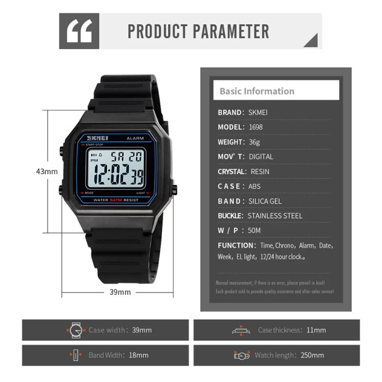 SKMEI 1698 50m Water-resistant Multifunctional Sports Square Pin Buckle Luminous Digital Watch(Black Black)