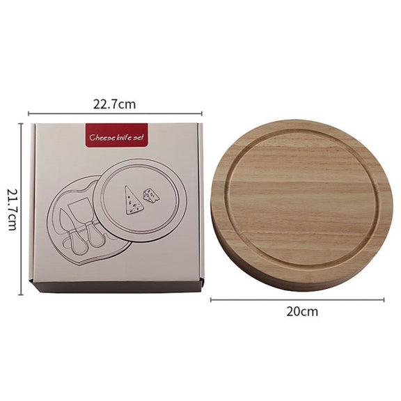 4pcs /Set Round Oak Box Cheese Knife Spatula Stainless Steel Cheese Tools Cutlery, Color: Black
