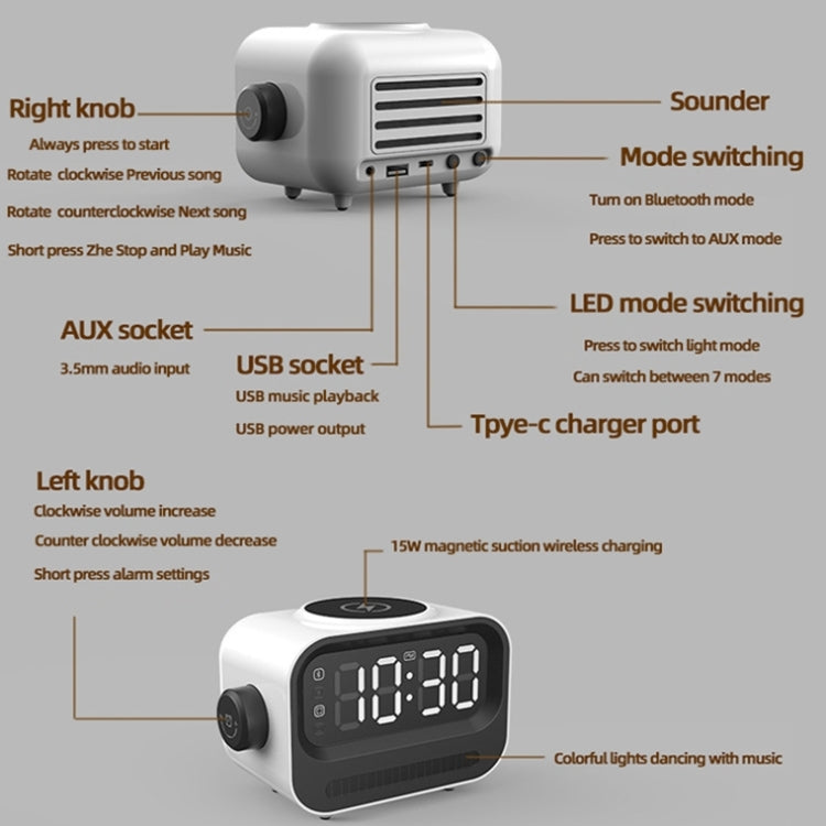 15W 3-In-1 Ambient Light Digital Display Clock Bluetooth Speaker Magnetic Wireless Charger(White)