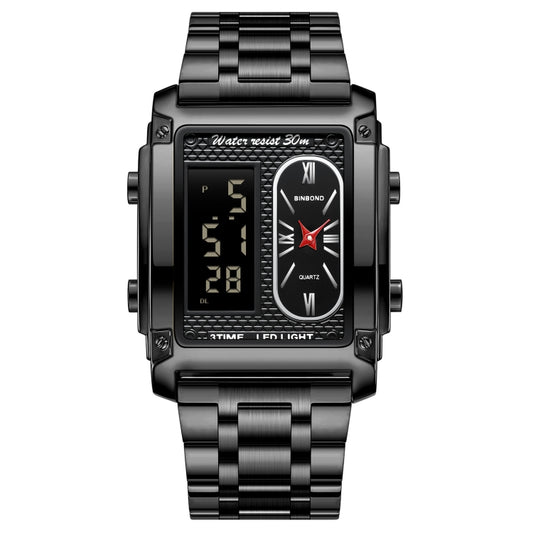 BINBOND B2311 30m Waterproof Men LED Luminous Multifunctional Quartz Watch, Color: Black Steel-Black - free shipping - PMC Jewellery - Order now!