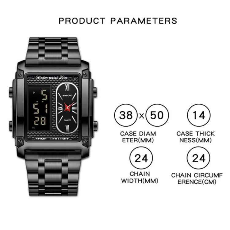 BINBOND B2311 30m Waterproof Men LED Luminous Multifunctional Quartz Watch, Color: Black Steel-Black - free shipping - PMC TechLife - Order now!
