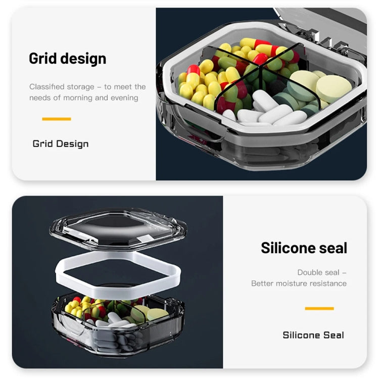 Portable Mini Compartmentalized Sealed Pill Box Weekly Morning And Evening Pill Capsule Dispensing Box, Style: 4 Grids Gray