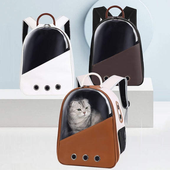 PU Pet Bag Cats And Dogs Outing Carrying Capsule Double Shoulder Backpacks(Model 1 Khaki)