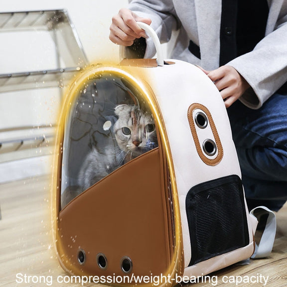 PU Pet Bag Cats And Dogs Outing Carrying Capsule Double Shoulder Backpacks(Model 1 Beige)