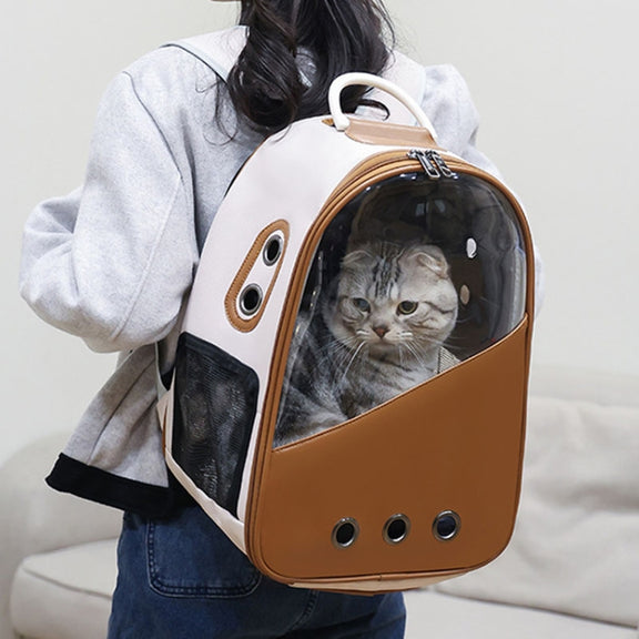 PU Pet Bag Cats And Dogs Outing Carrying Capsule Double Shoulder Backpacks(Model 1 Brown)