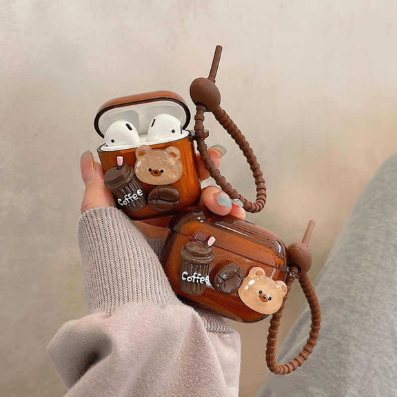 For AirPods 2 / 1 Cartoon 3D Coffee Bear Headphones Case Protective Shell Cover