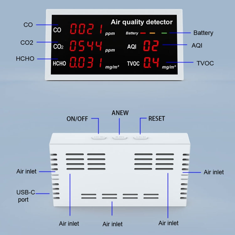 5-in-1 Indoor Home Portable Air Monitor TVOC Formaldehyde Detector(W17A Light Gray)