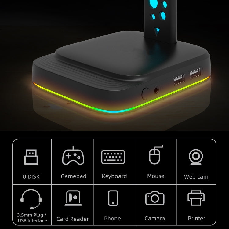 3.5mm Audio RGB Illuminated Headset Holder Dual USB Gaming Headset Display Rack(With Headphone Jack Black)