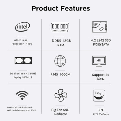 N100/DDR5 12th AlderLake-N100 Dual 4K60Hz Office And Home Mini PC, Spec: 12G+128G /US Plug - Windows Mini PCs by PMC Jewellery | Online Shopping South Africa | PMC Jewellery | Buy Now Pay Later Mobicred