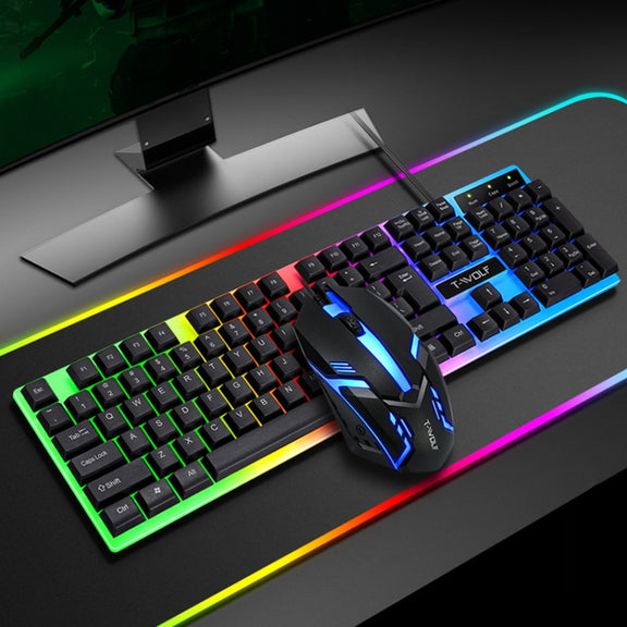 T-WOLF TF230 Colorful Light Effect Game Office Computer Wired Keyboard and Mouse Kit(Black)