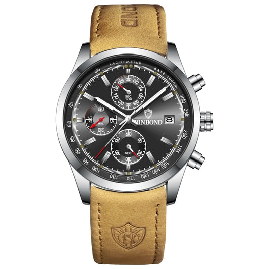 BINBOND B6022 30m Waterproof Luminous Multifunctional Quartz Watch, Color: Leather-White Steel-Black - free shipping - PMC Jewellery - Order now!