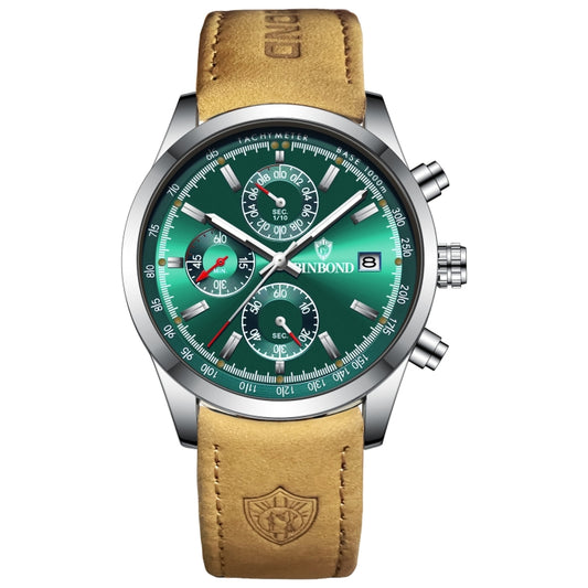 BINBOND B6022 30m Waterproof Luminous Multifunctional Quartz Watch, Color: Leather-White Steel-Green - free shipping - PMC Jewellery - Order now!