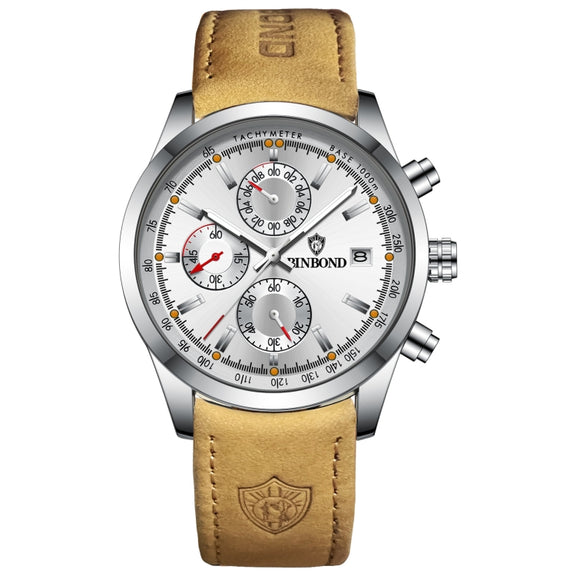 BINBOND B6022 30m Water-resistant Luminous Multifunctional Quartz Watch, Color: Leather-White Steel-White
