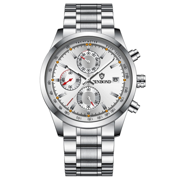 BINBOND B6022 30m Water-resistant Luminous Multifunctional Quartz Watch, Color: White Steel-White