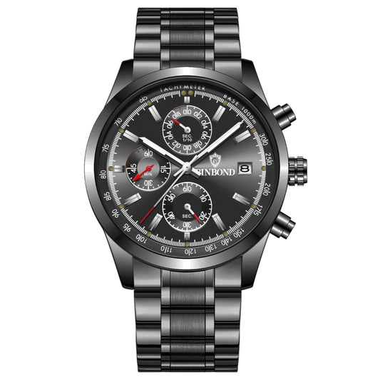 BINBOND B6022 30m Waterproof Luminous Multifunctional Quartz Watch, Color: Black Steel-Black - free shipping - PMC Jewellery - Order now!