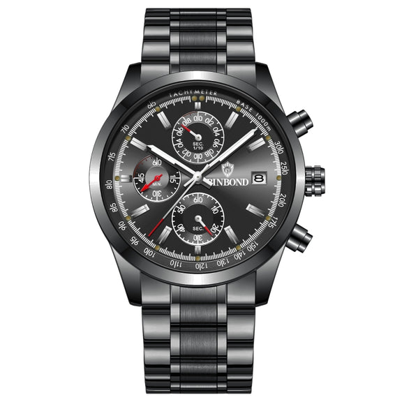 BINBOND B6022 30m Water-resistant Luminous Multifunctional Quartz Watch, Color: Black Steel-Black