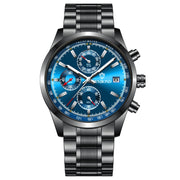 BINBOND B6022 30m Water-resistant Luminous Multifunctional Quartz Watch, Color: Black Steel-Blue
